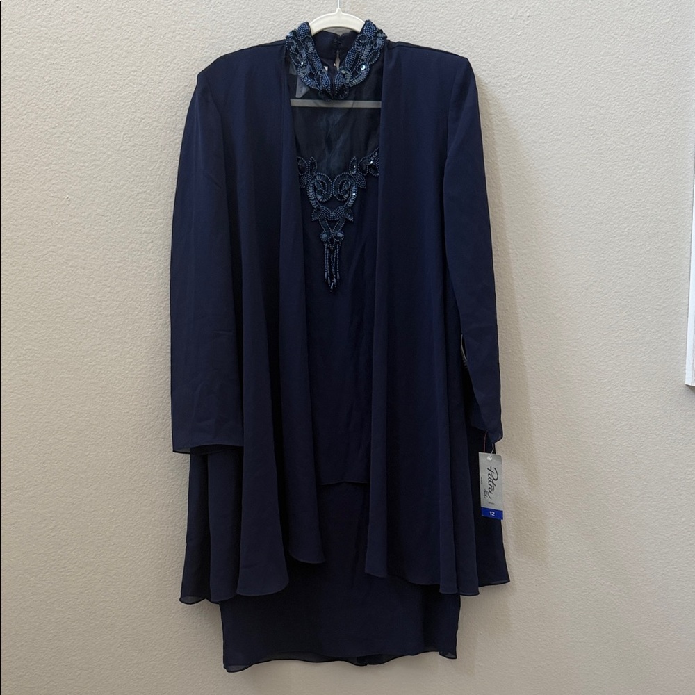 Patra Midnight Blue Long Sleeve Dress with Beaded Neckline